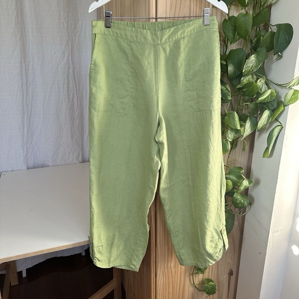 Habitat Clothes To Live In Pull On Crop Linen‎ Pants M Green Cinched Hem Elastic